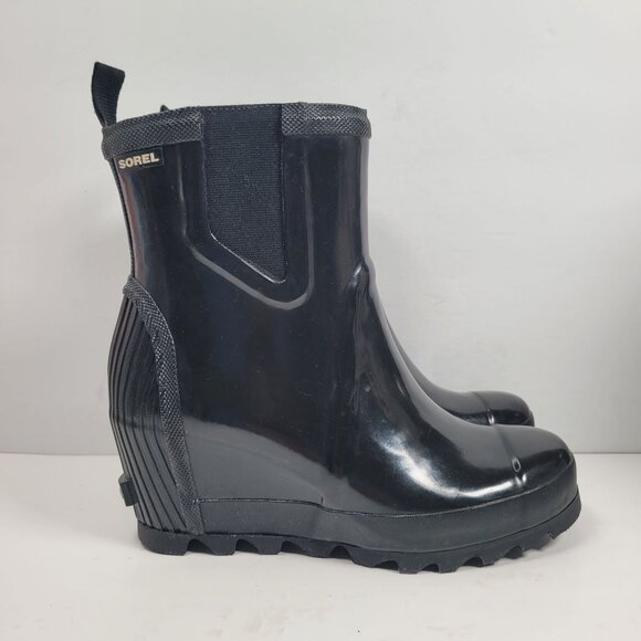 Sorel Women's Black Rubber Wedge Heel Rain Boots NL2526-010 US Size 8.5 - Picture 1 of 10
